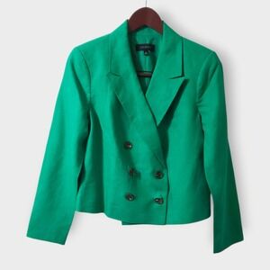 Talbots Bright Green 100% Linen Double Breasted Crop Blazer Jacket Size 8